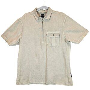 Armani Exchange Mens S Beige Short Sleeve 1/4 Zip Shirt woven linen blend breath